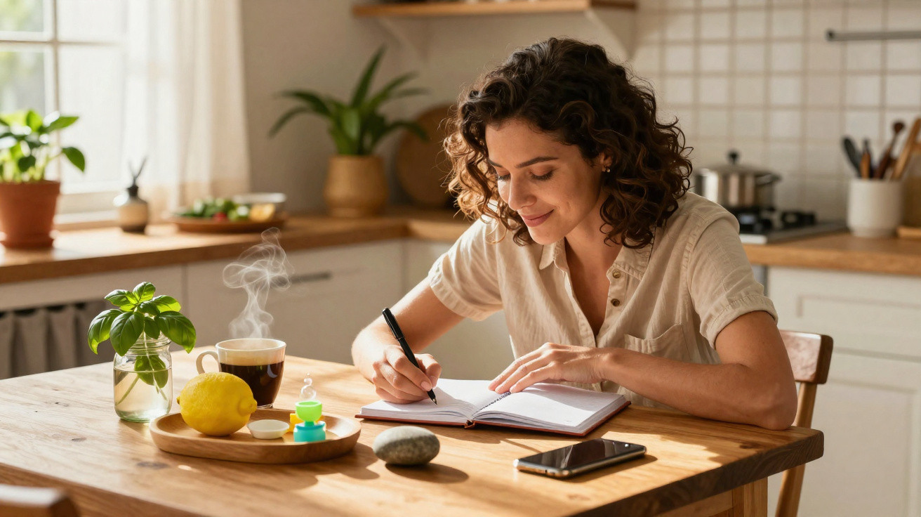 Mulher sorridente escrevendo em caderno numa cozinha iluminada, com café e erva fresca na mesa.