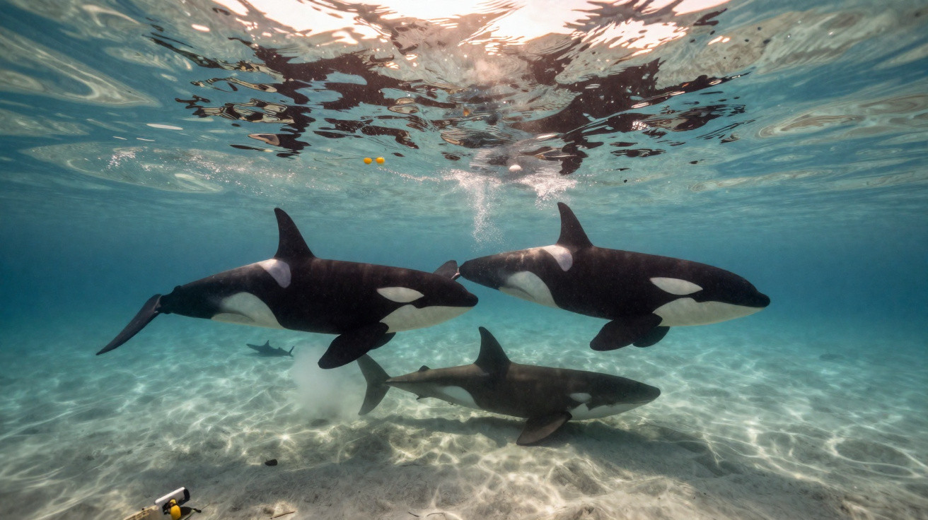 Três orcas nadando em águas rasas e claras, vistas debaixo d'água com reflexos na superfície.