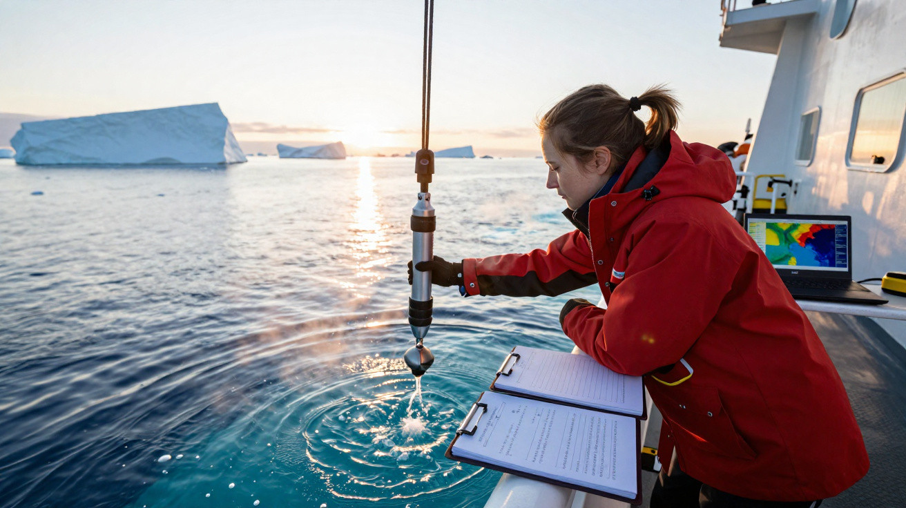 Pesquisadora em casaco vermelho coleta amostra de água do mar em barco perto de icebergs ao pôr do sol.