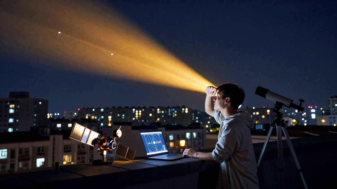 Pessoa usando lanterna na cabeça observa o céu noturno em um telhado com telescópio e laptop aberto.