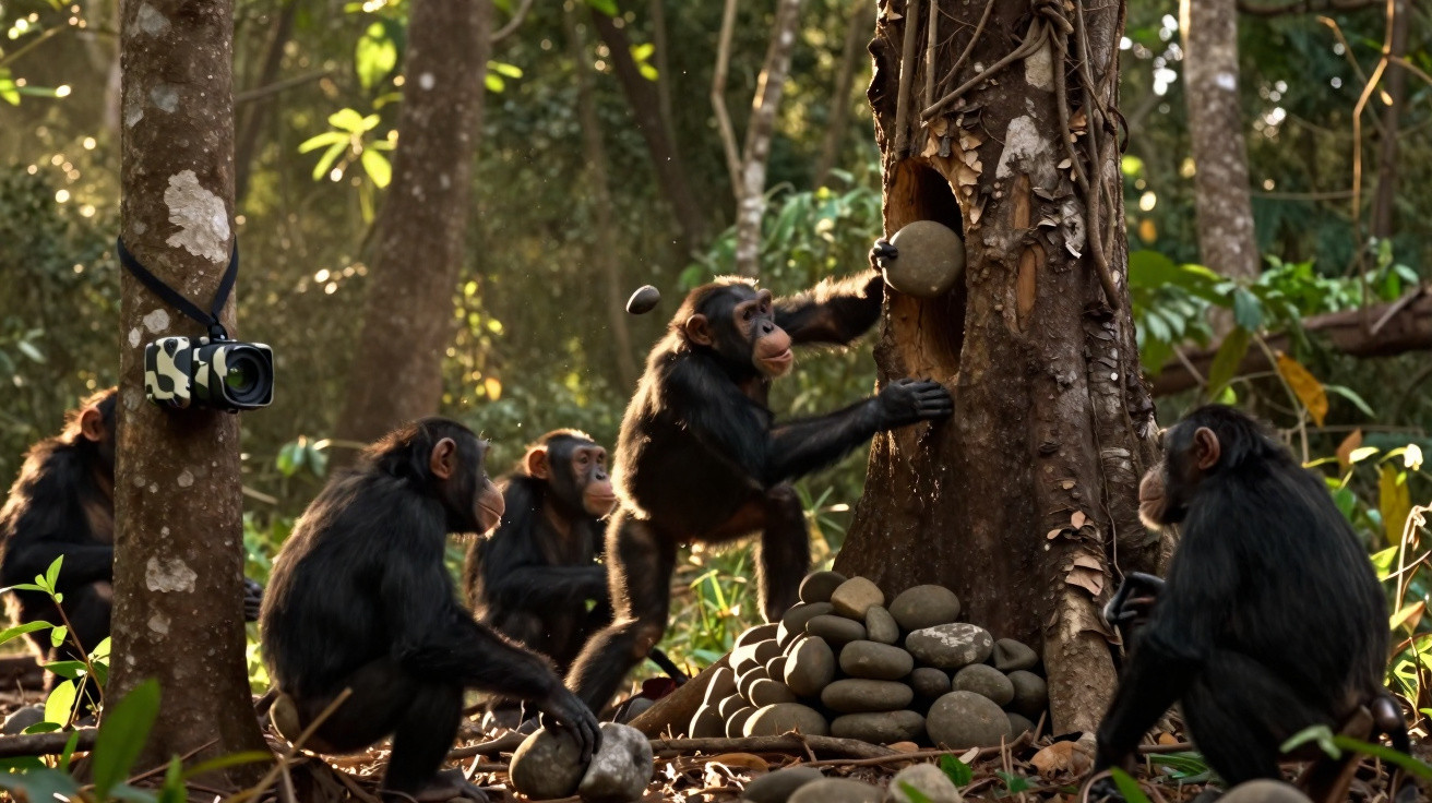 Grupo de chimpanzés em floresta usando pedras para quebrar nozes em árvore oculta.