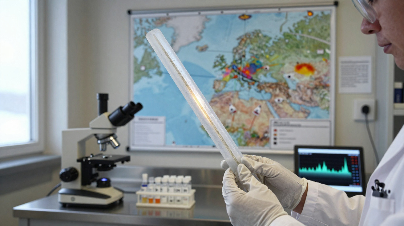 Pesquisador de jaleco e luvas segurando lâmina de vidro em laboratório com microscópio e mapa ao fundo.
