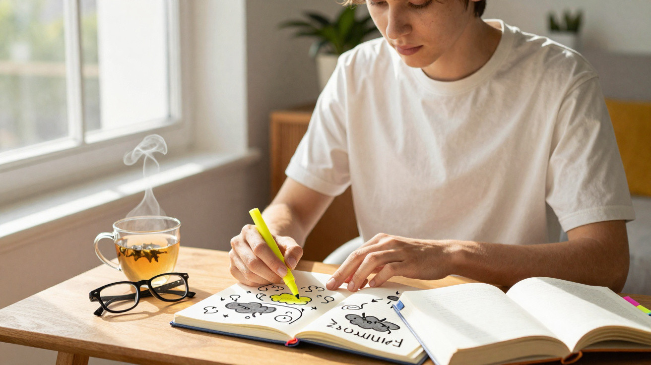 Pessoa marcando com caneta amarela desenhos de ratos no caderno, com livro aberto, óculos e chá na mesa.