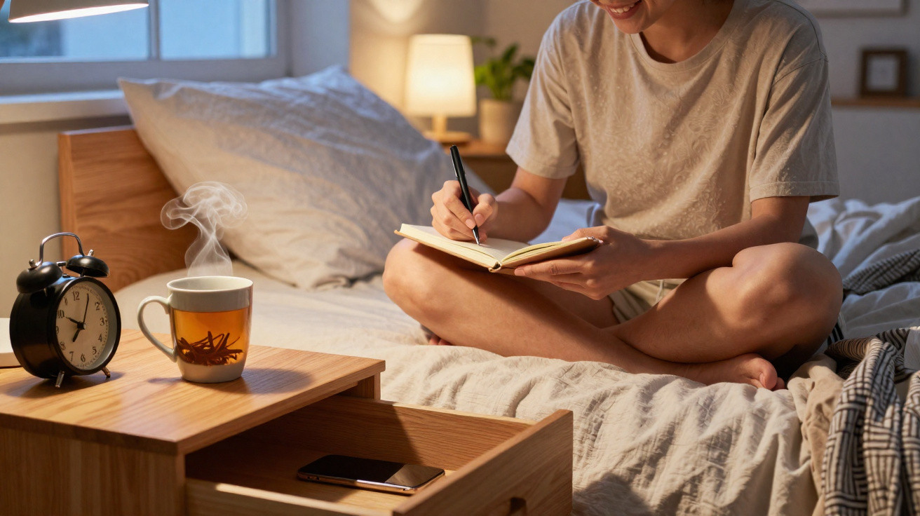 Pessoa sentada na cama escrevendo em caderno, com xícara de chá quente e relógio ao lado.