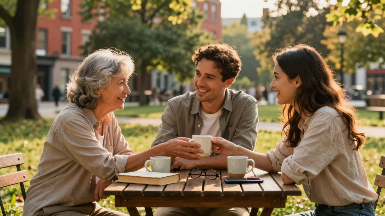 Três pessoas sorrindo e brindando com canecas em uma mesa de madeira em parque urbano ensolarado.