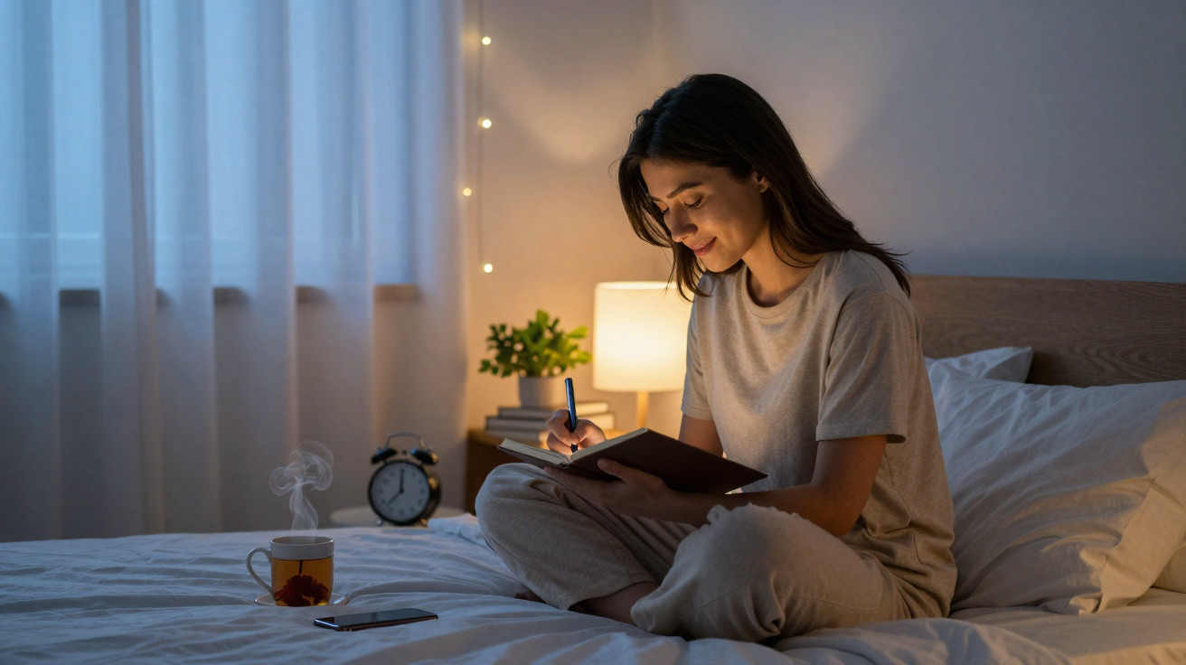 Mulher sentada na cama escrevendo em caderno, iluminação suave, chá e celular ao lado, ambiente aconchegante.