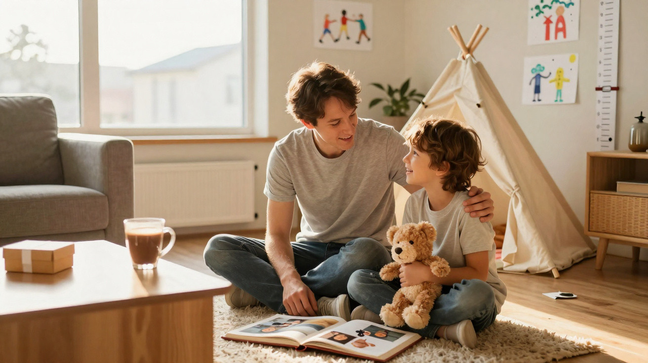 Pai e filho sentados no chão da sala, lendo livro, com ursinho de pelúcia e tenda ao fundo.