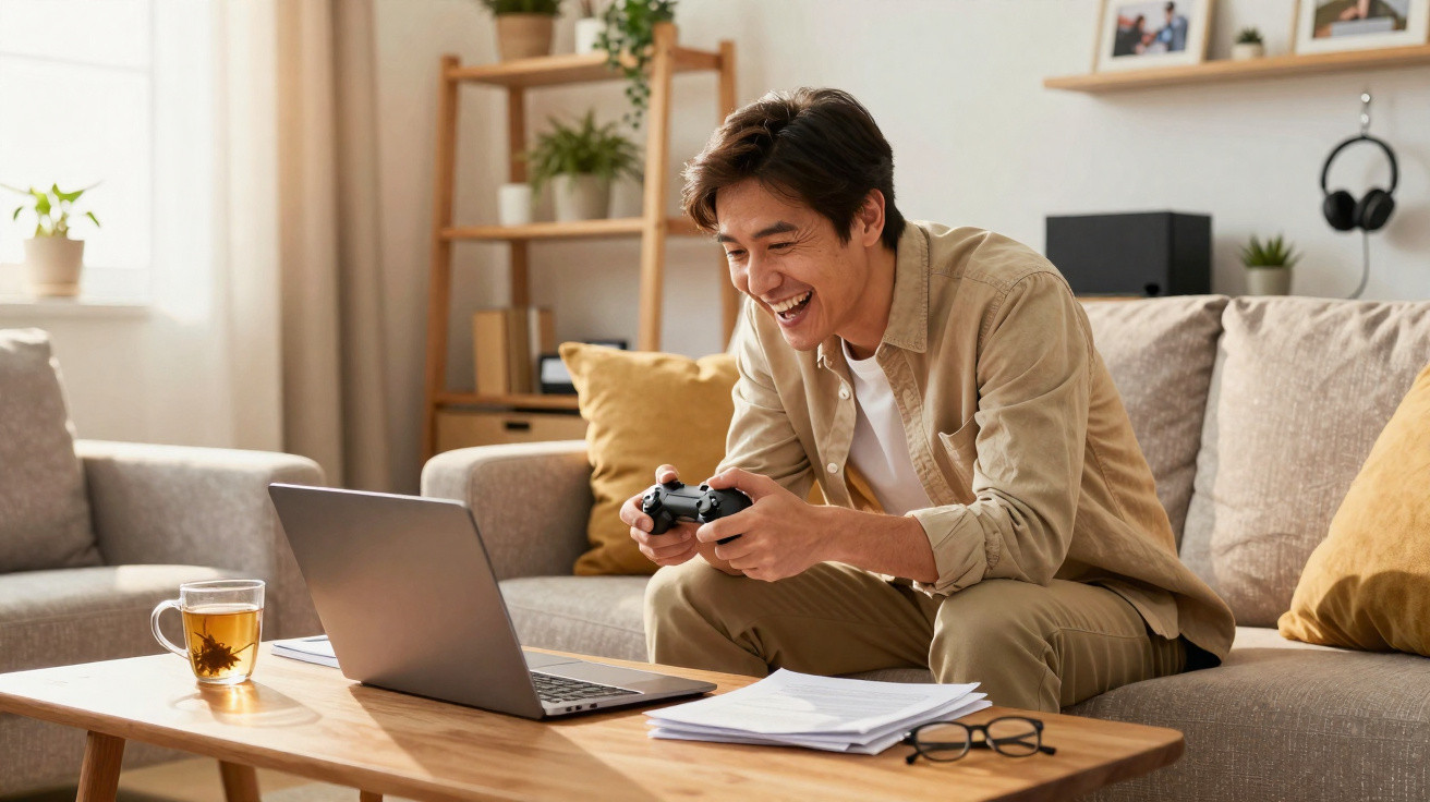 Jovem sorridente jogando videogame com controle ao frente de notebook em sala de estar iluminada.