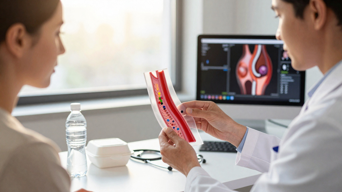 Paciente recebendo explicação médica sobre artéria com material ilustrativo enquanto está em consultório.
