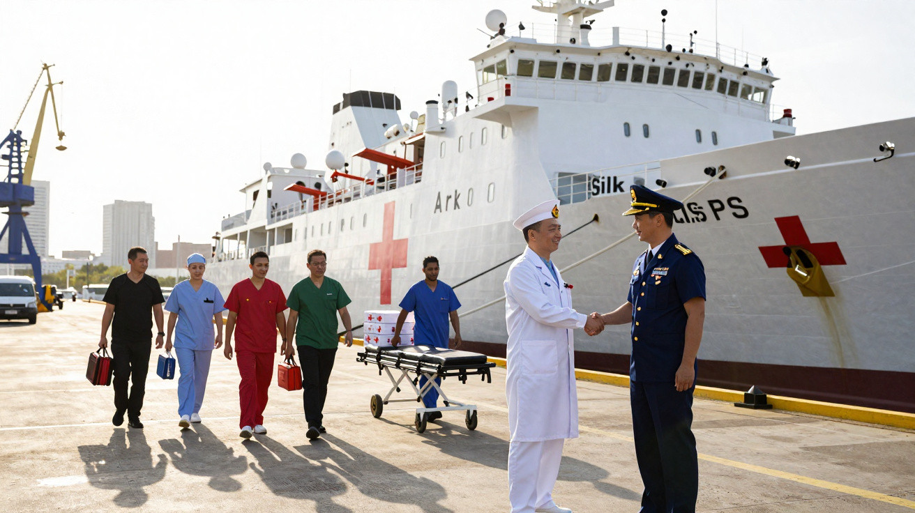 Equipe médica com uniformes coloridos caminhando em porto ao lado de navio hospital com cruz vermelha.