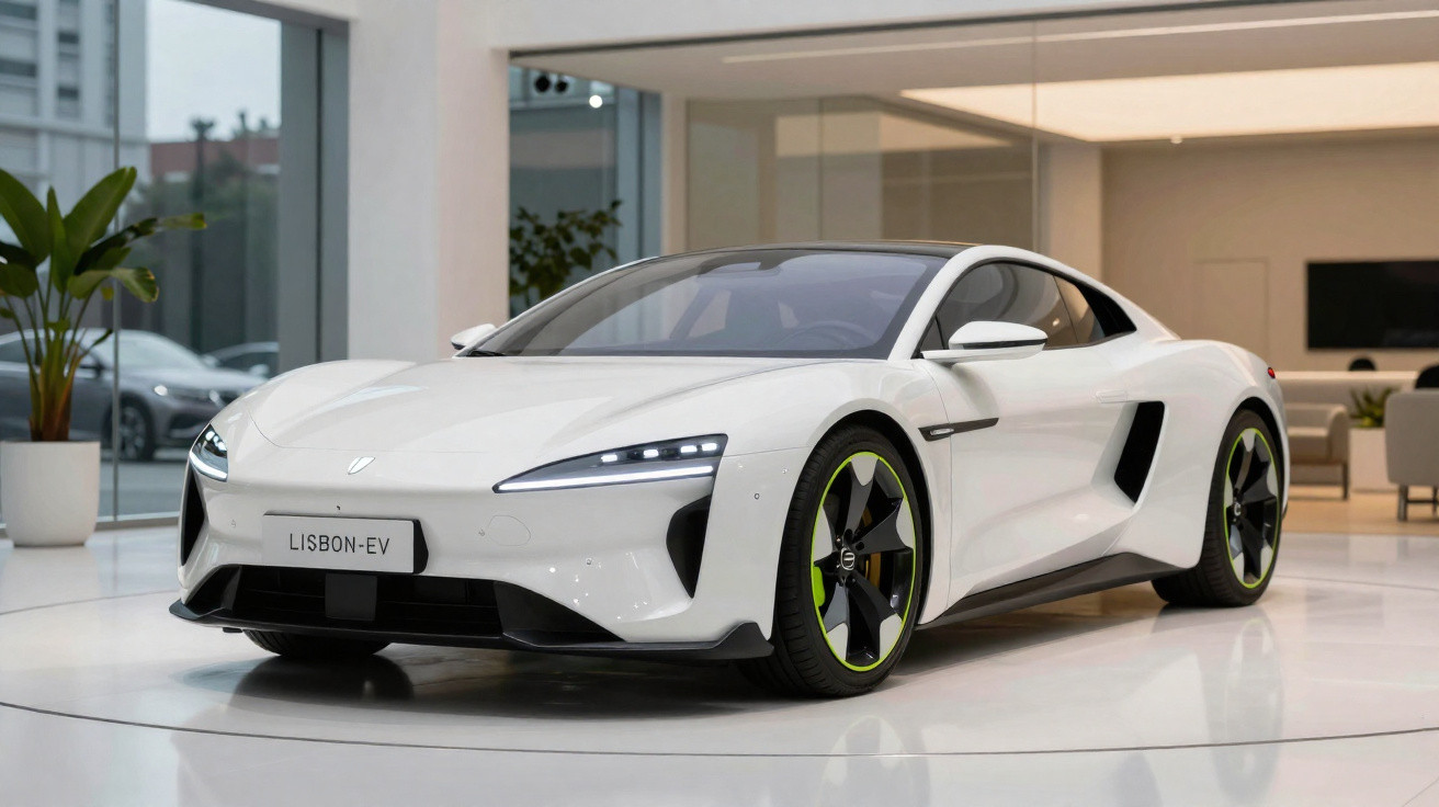 Carro esportivo branco elétrico Lisbon-EV em exposição interna com decoração moderna ao fundo.