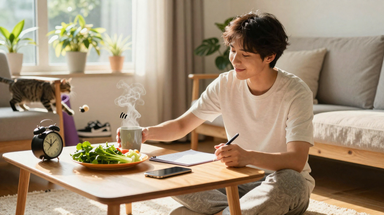 Jovem sentado no chão, escrevendo em caderno com café fumegante e prato de salada na mesa baixa.
