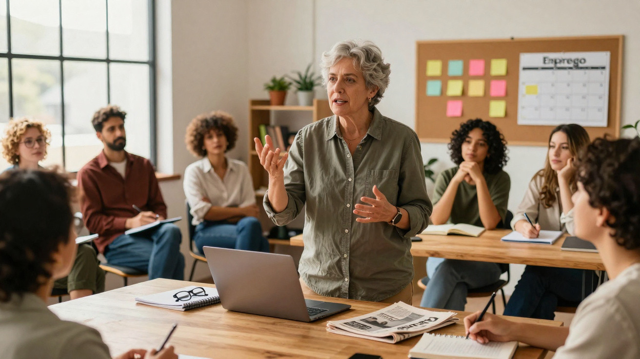 Mulher falando em reunião de trabalho com sete pessoas sentadas ao redor de mesa em escritório moderno.