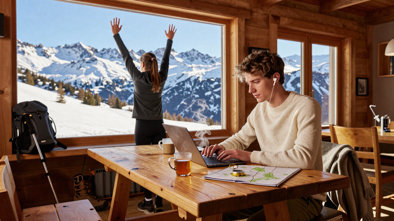 Homem trabalhando no laptop em cabana com mulher admirando montanhas cobertas de neve pela janela.