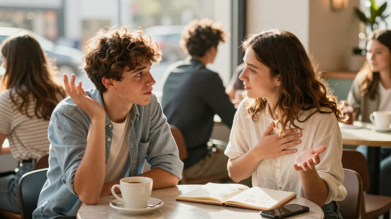 Homem e mulher conversando em café, com livro aberto e xícara de café sobre mesa.