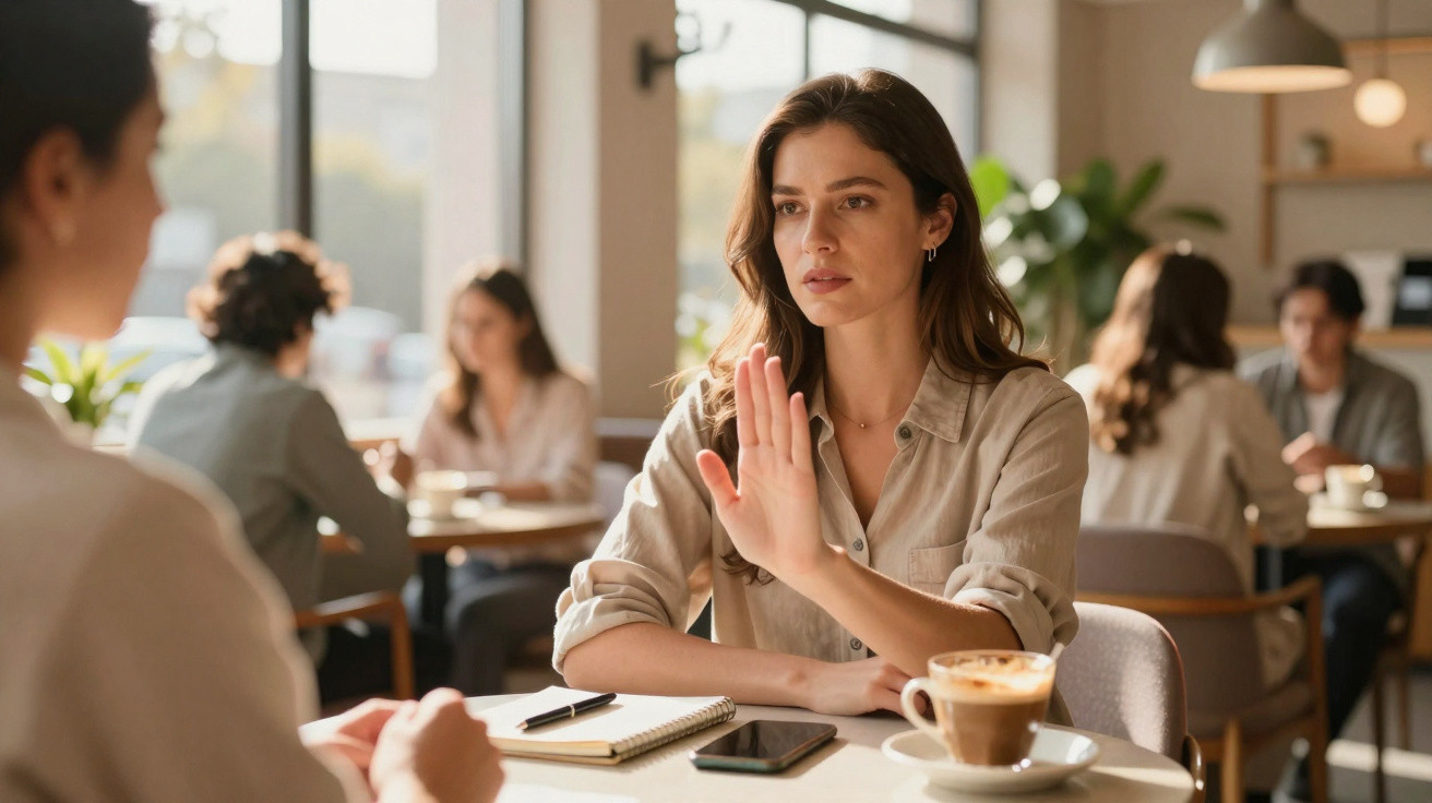 Mulher em café fazendo gesto de pare com a mão, com café, celular e caderno à sua frente na mesa.
