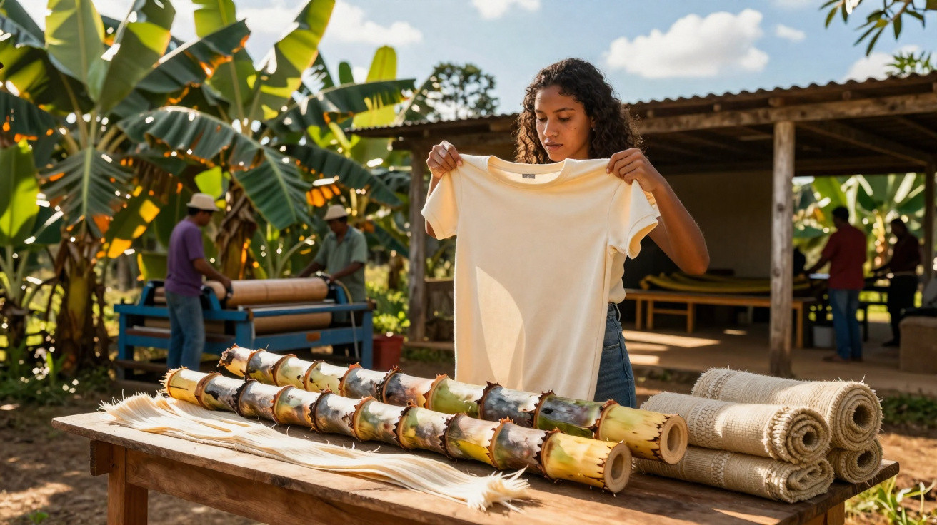 Mulher analisando camiseta branca ao ar livre em ambiente rural com bambus e tecidos sobre mesa de madeira.