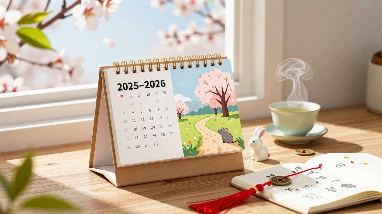 Calendário de mesa 2025-2026 com ilustração de árvore em flor, coelhos, xícara de chá fumegante e caderno sobre mesa de madei