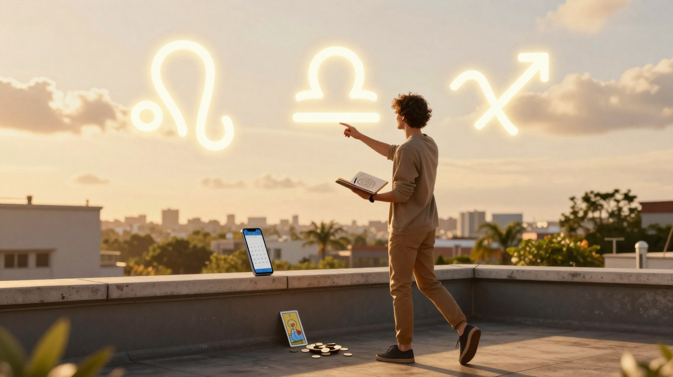 Pessoa em terraço apontando para símbolos zodiacais iluminados ao pôr do sol, com tablet e celular próximos.