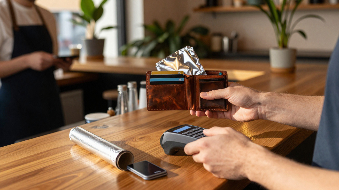 Pessoa segurando carteira e máquina de cartão sobre mesa de madeira, com celular e plástico filme ao lado.
