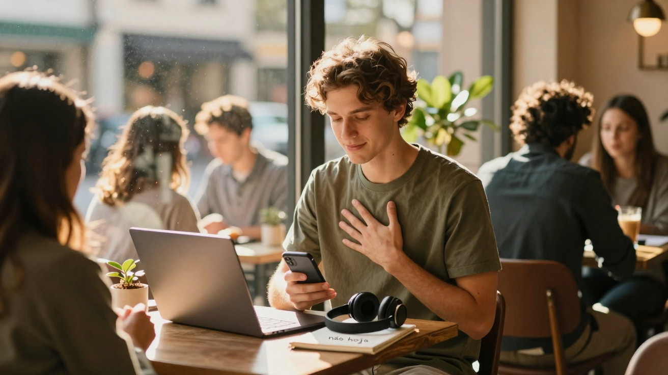 Jovem em café olhando celular com uma mão no peito, laptop aberto e fones sobre a mesa.