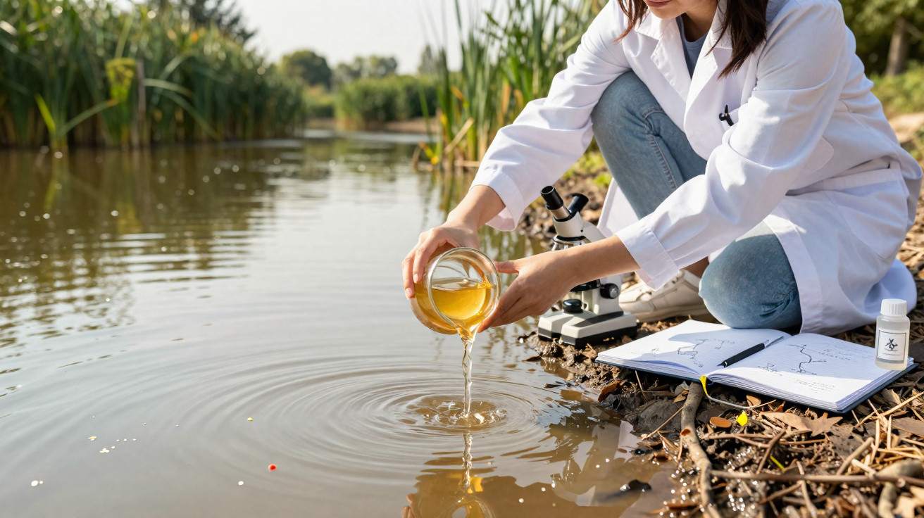 Pessoa em jaleco coletando água de lagoa para análise ambiental com microscópio e caderno ao lado.