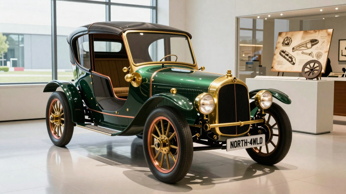 Carro clássico verde com detalhes dourados exibido em museu moderno e iluminado.