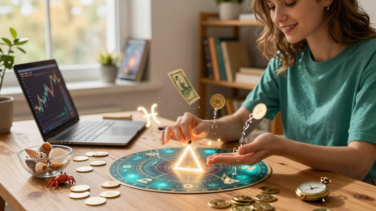Mulher interagindo com mapa astral holográfico e moedas sobre mesa com laptop e decoração.