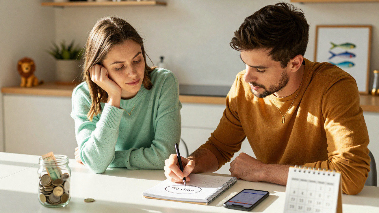 Casal jovem planejando orçamento em casa, com cofre de moedas, calendário e smartphone na mesa.