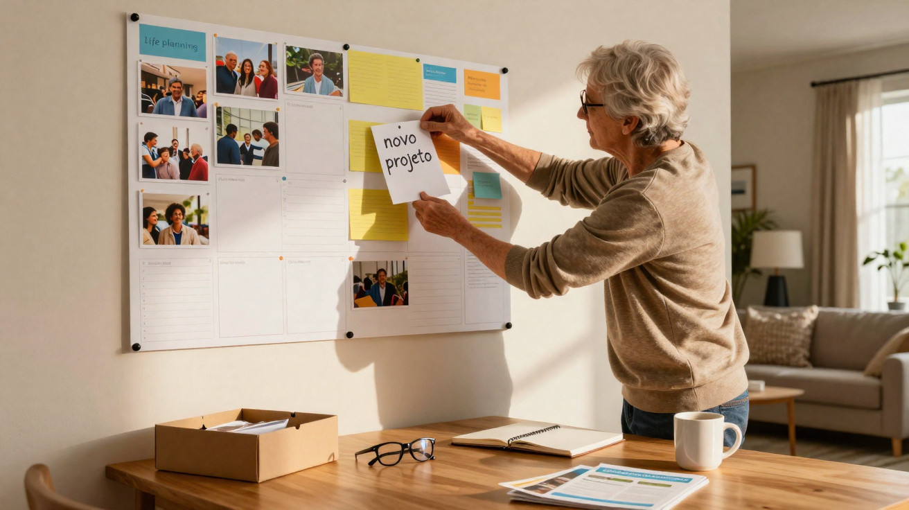 Homem idoso organizando anotações em quadro de planejamento com post-its e fotos em sala iluminada.
