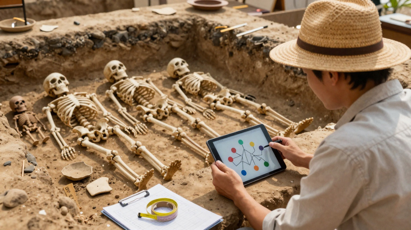 Arqueólogo analisando esqueletos humanos em escavação arqueológica com tablet e equipamentos de medição.