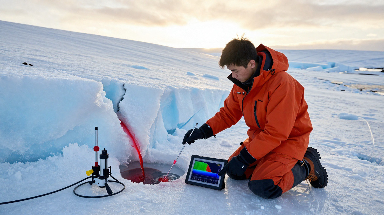 Pesquisador em roupa laranja analisa coleta de amostra de água em fenda no gelo polar com equipamento eletrônico.