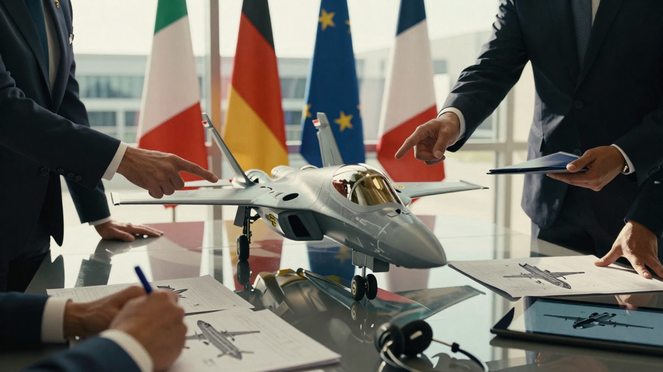 Modelos de avião militar em mesa com pessoas em reunião e bandeiras da Itália, Alemanha, UE e França ao fundo.