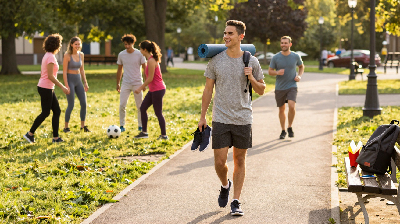 Jovens caminhando e jogando futebol em parque ensolarado com árvores e bancos ao redor.