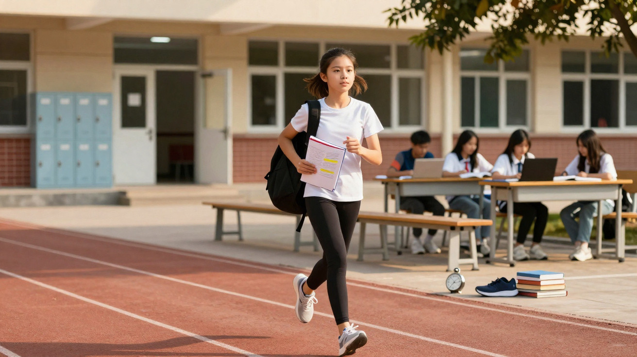 Garota com mochila e caderno correndo na pista de atletismo de uma escola, com alunos sentados ao fundo.