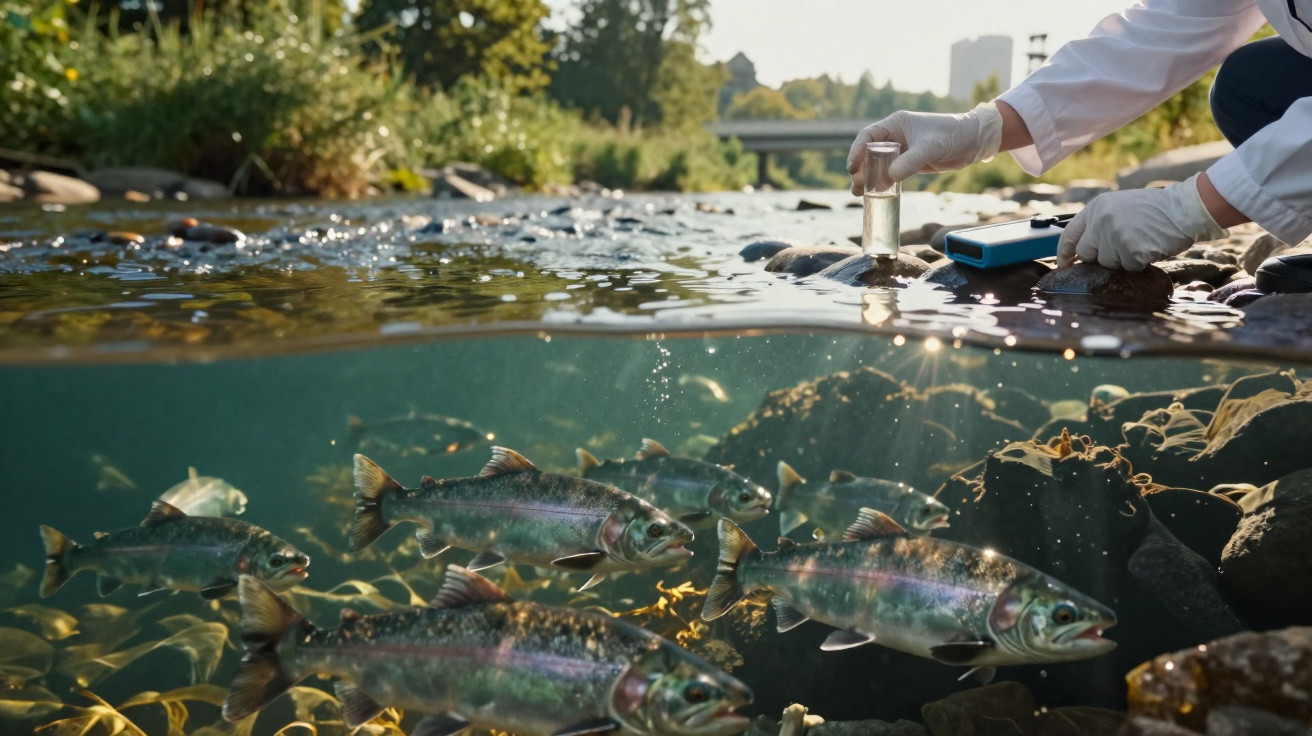 Pesquisador coleta amostra de água em rio com peixes nadando sob a superfície em ambiente natural.