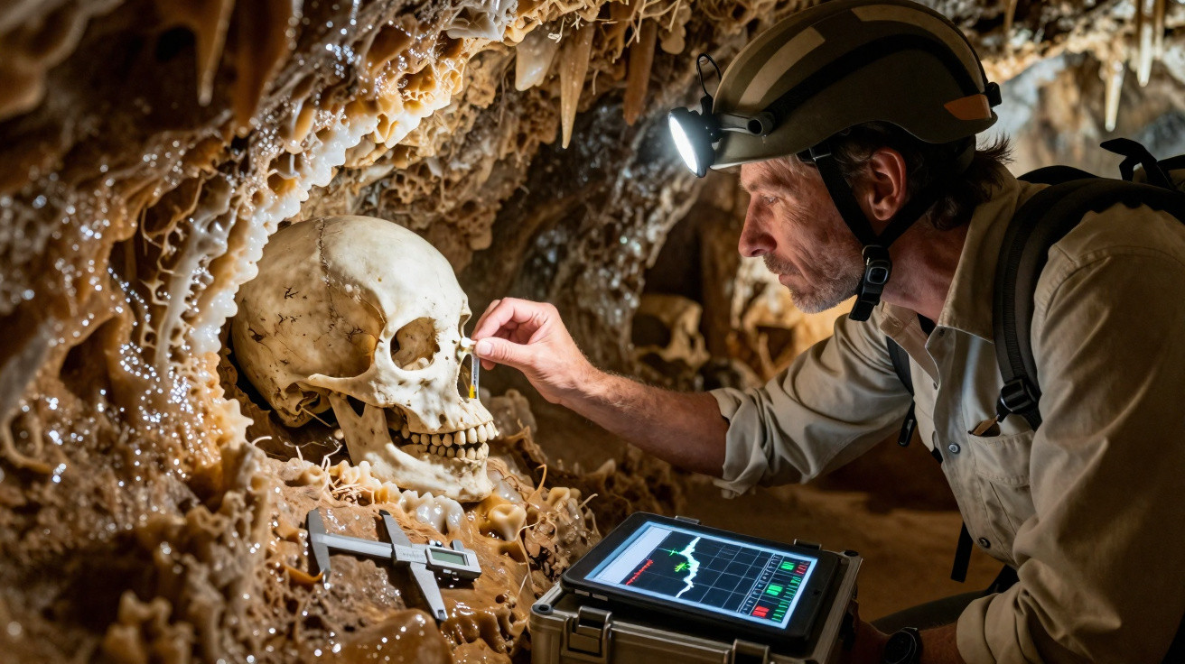 Explorador com capacete e lanterna analisa crânio humano em caverna com estalactites, usando equipamento tecnológico.