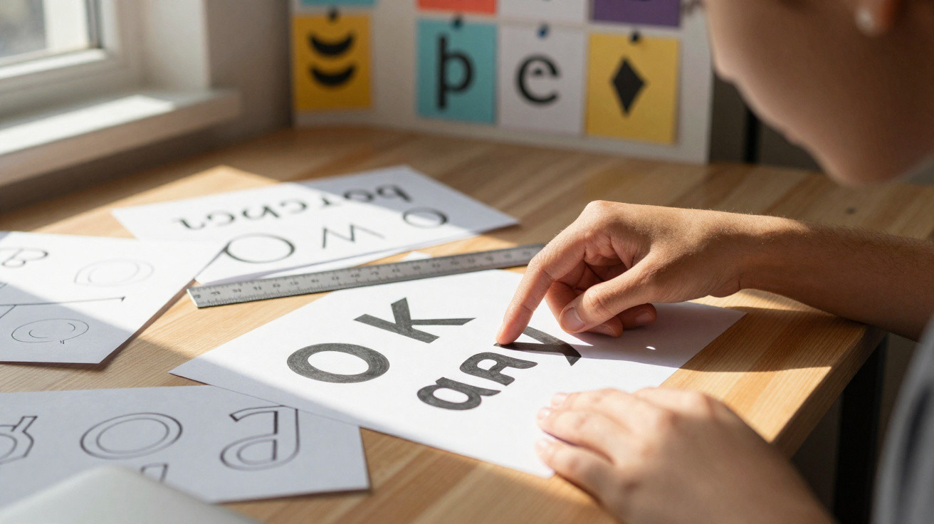 Criança apontando para letras em folhas de papel sobre mesa de madeira, com régua e cartas coloridas ao fundo.