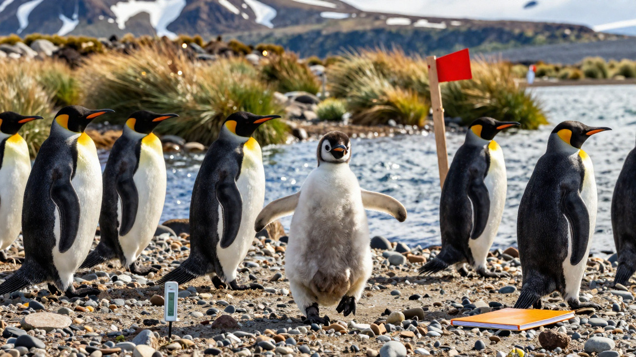 Grupo de pinguins imperadores adultos e um filhote em área rochosa perto de lago com vegetação e montanhas ao fundo.