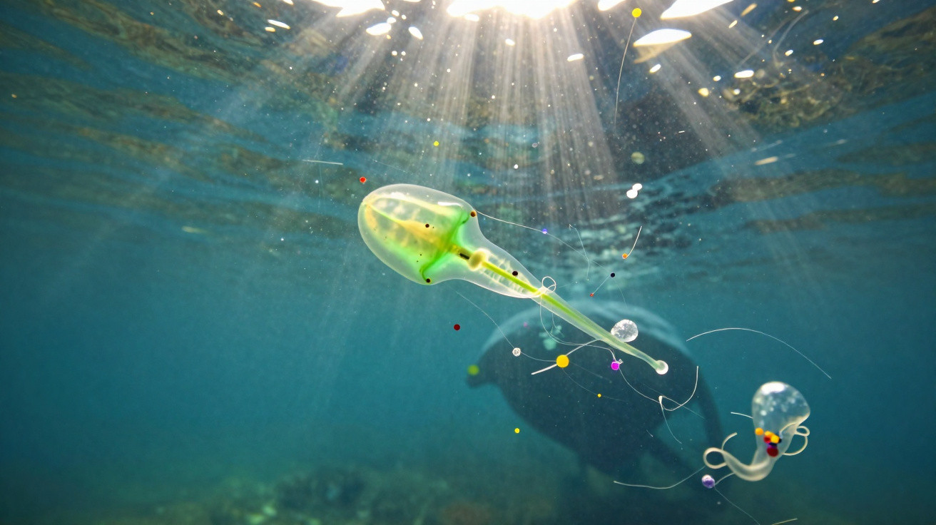 Imagem subaquática de fitoplâncton verde translúcido iluminado por raios solares na superfície do oceano.