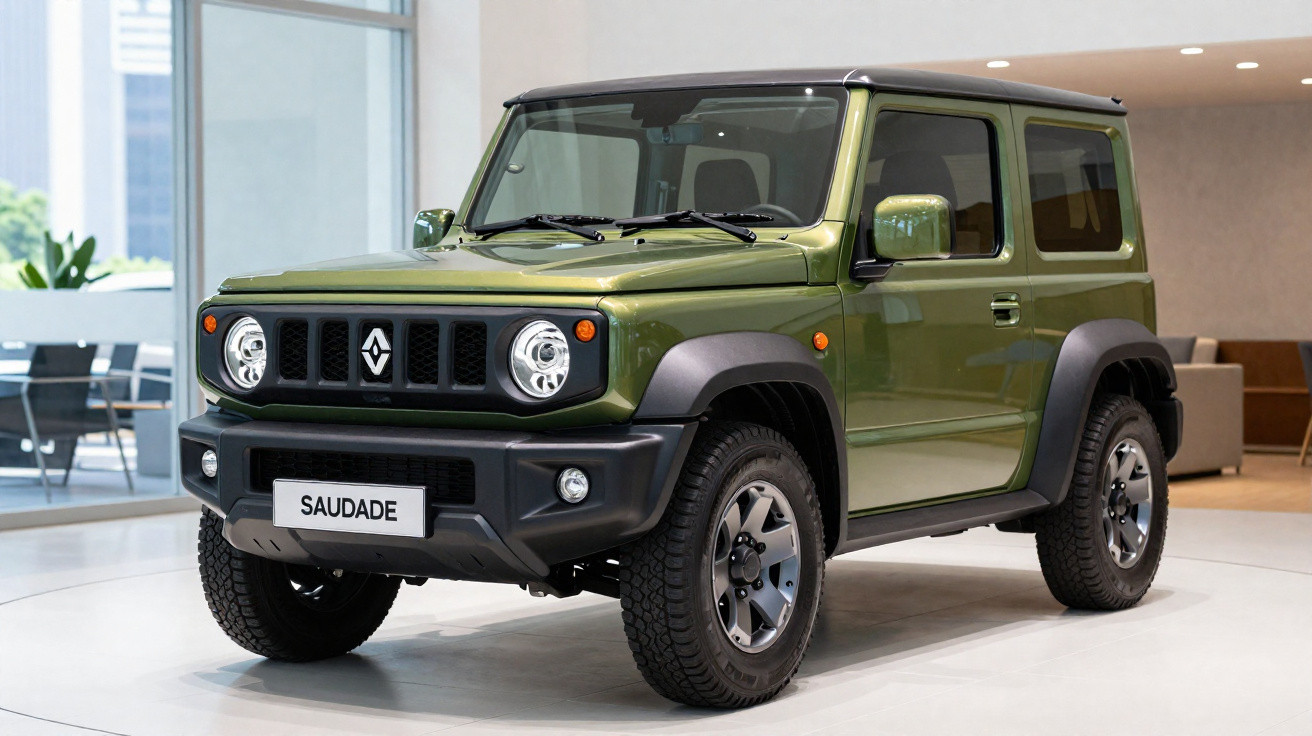Carro SUV verde militar estacionado em ambiente interno moderno, com placa escrita "SAUDADE".