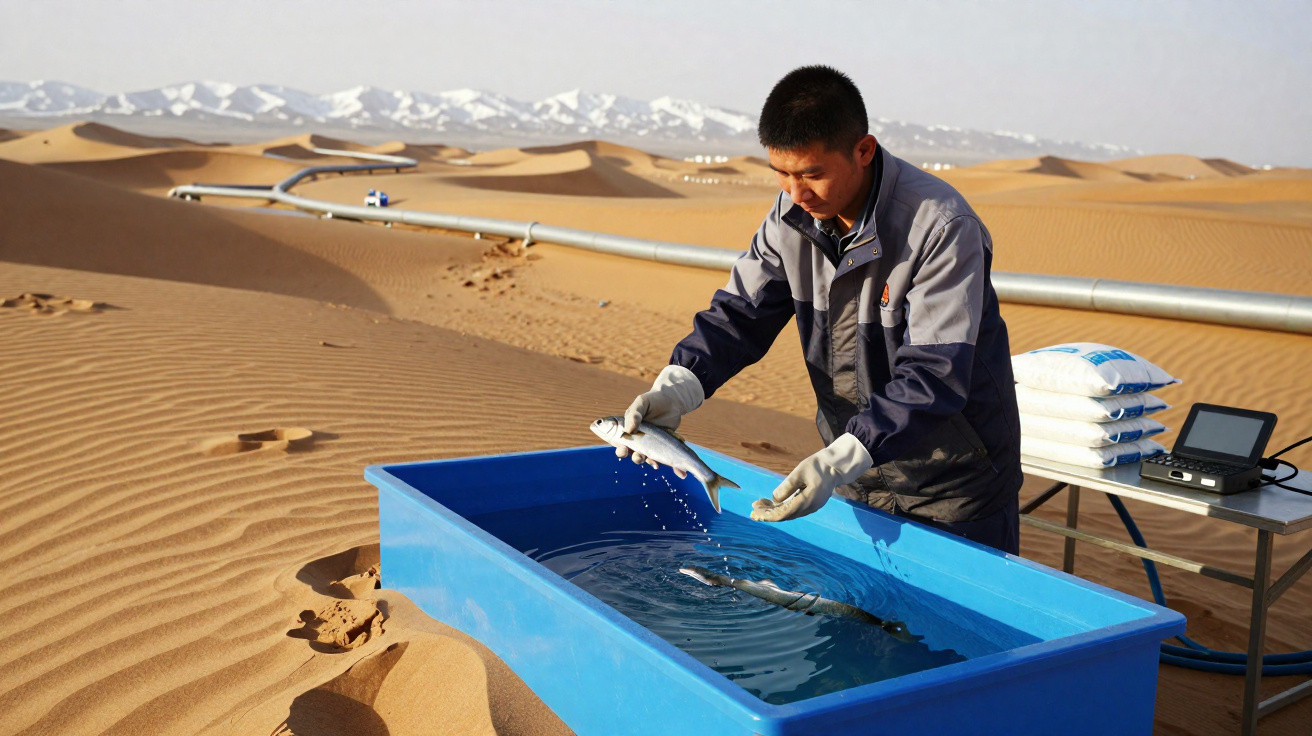 Homem manipula peixes em tanque azul no deserto com tubulação e montanhas ao fundo.