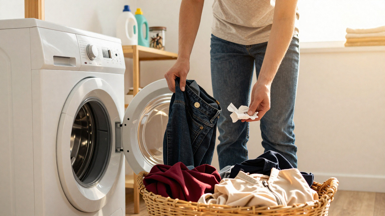 Pessoa retirando etiqueta de calça jeans perto de máquina de lavar com cesta de roupas coloridas.