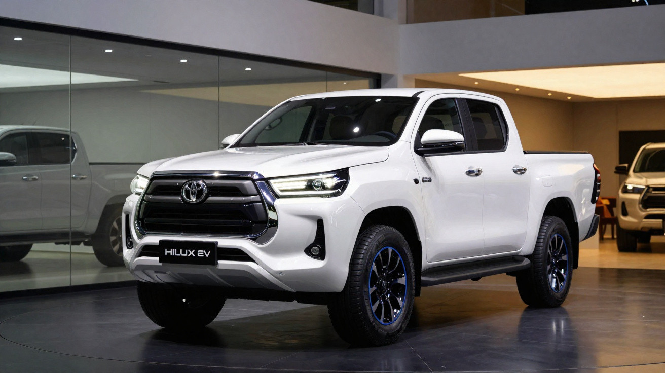 Picape elétrica Toyota Hilux EV branca exposta em salão automotivo moderno.