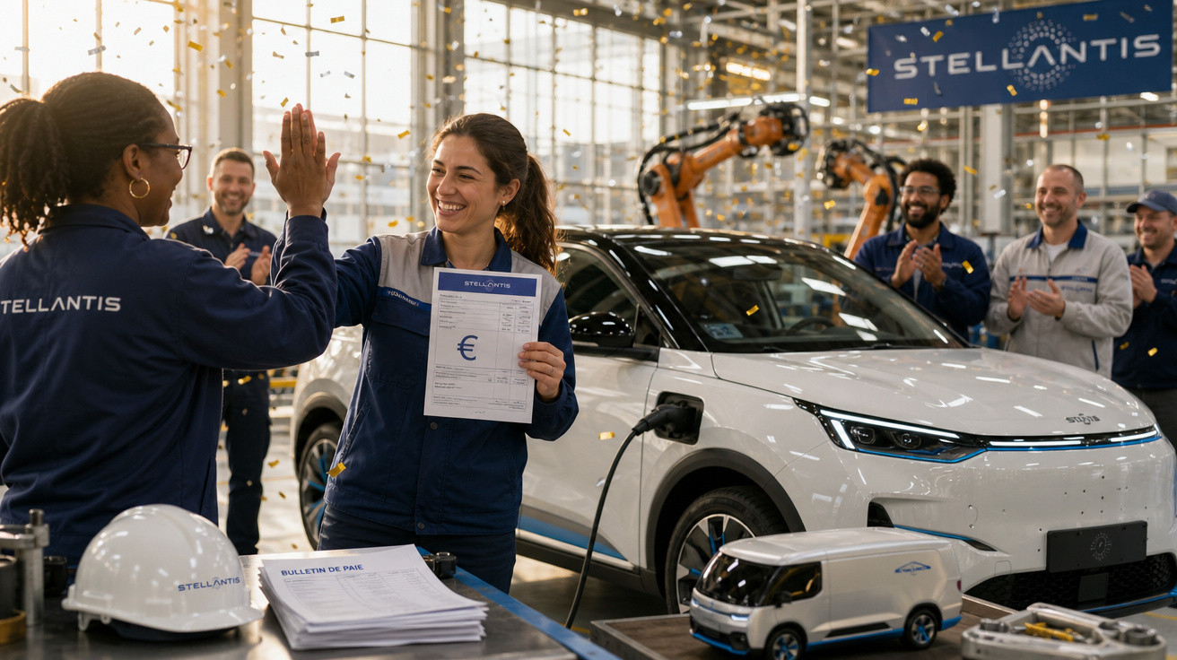 Funcionárias da Stellantis comemoram com pagamento na fábrica de carros elétricos, com equipe e veículos ao fundo.