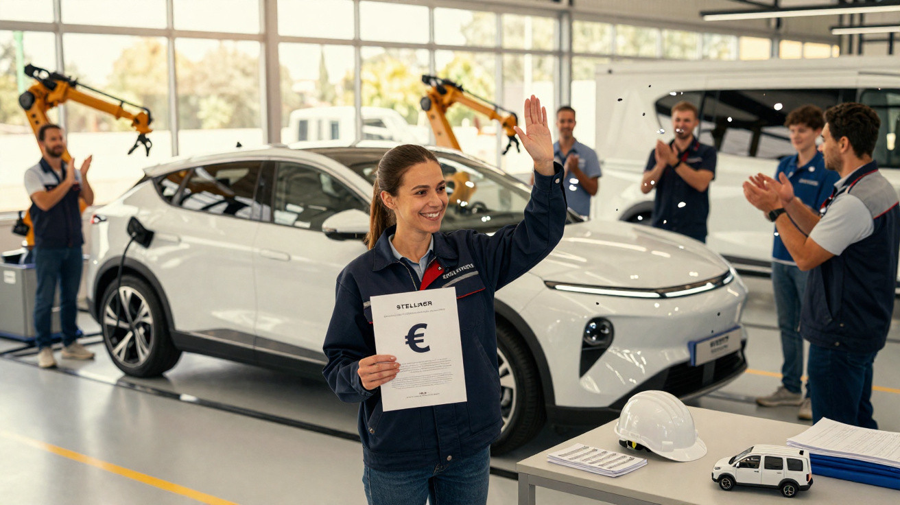 Mulher segurando certificado em fábrica de carros elétricos enquanto colegas a aplaudem.