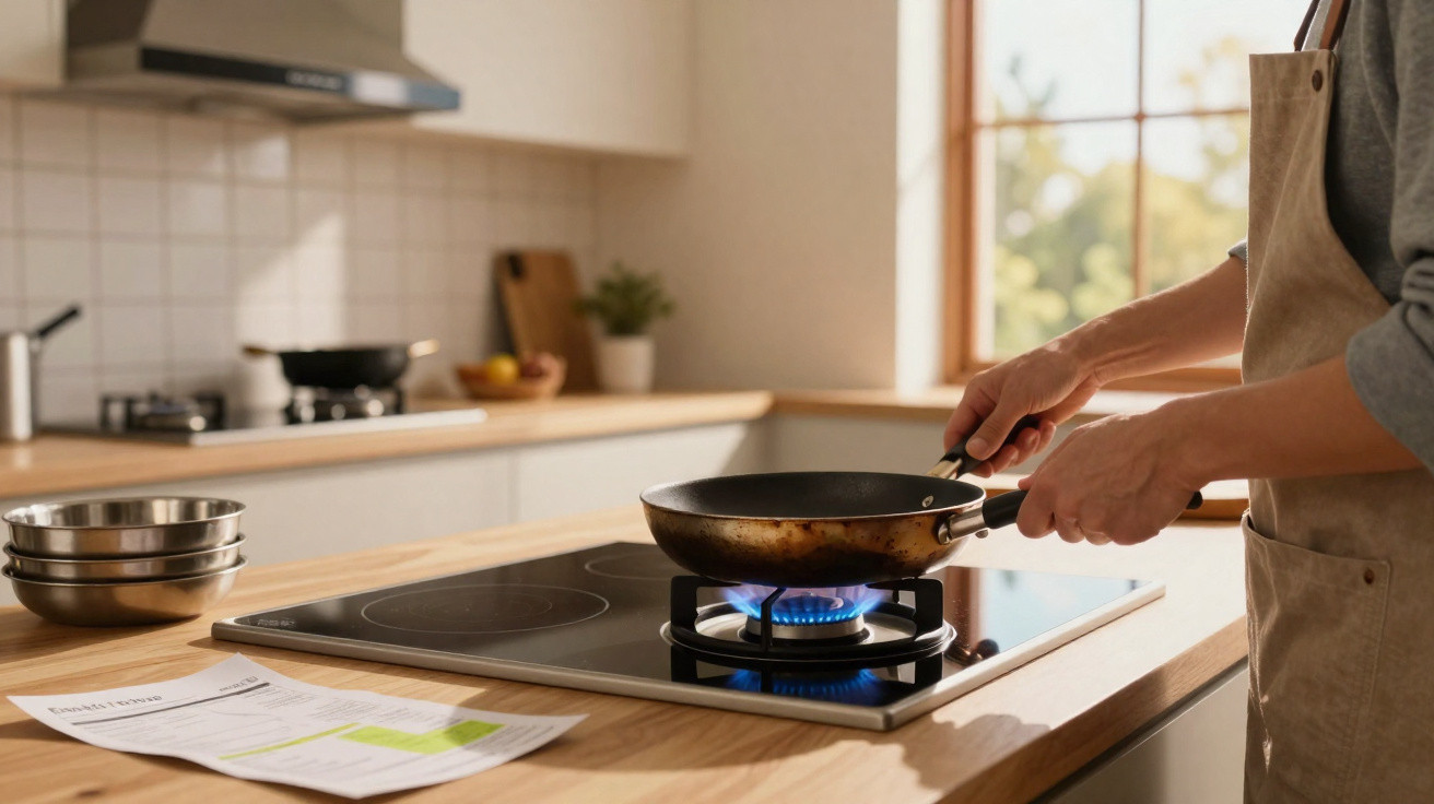 Pessoa segurando uma frigideira sobre fogão a gás em cozinha iluminada com luz natural.