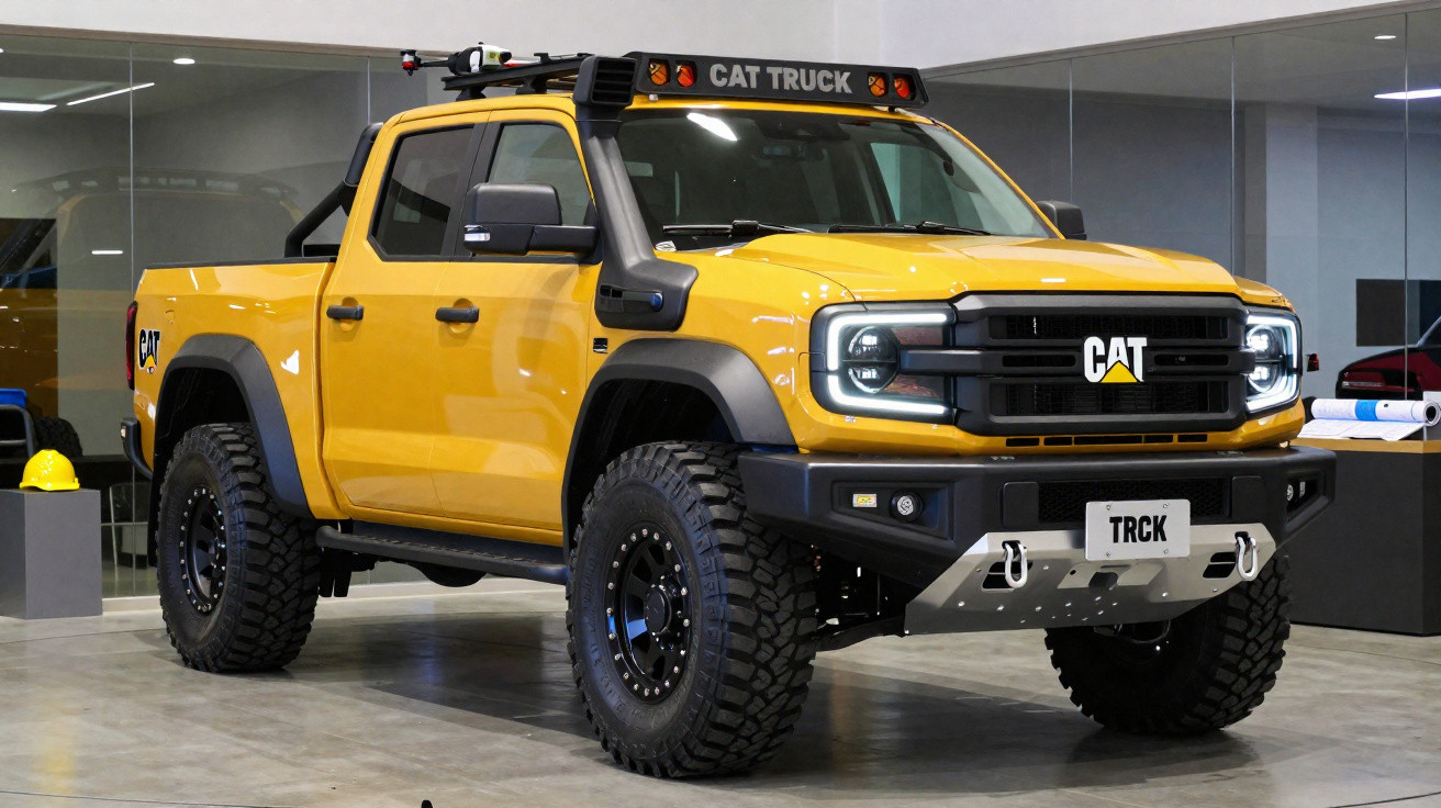Picape amarela robusta CAT Truck em ambiente interno, com pneus off-road grandes e faróis acesos.