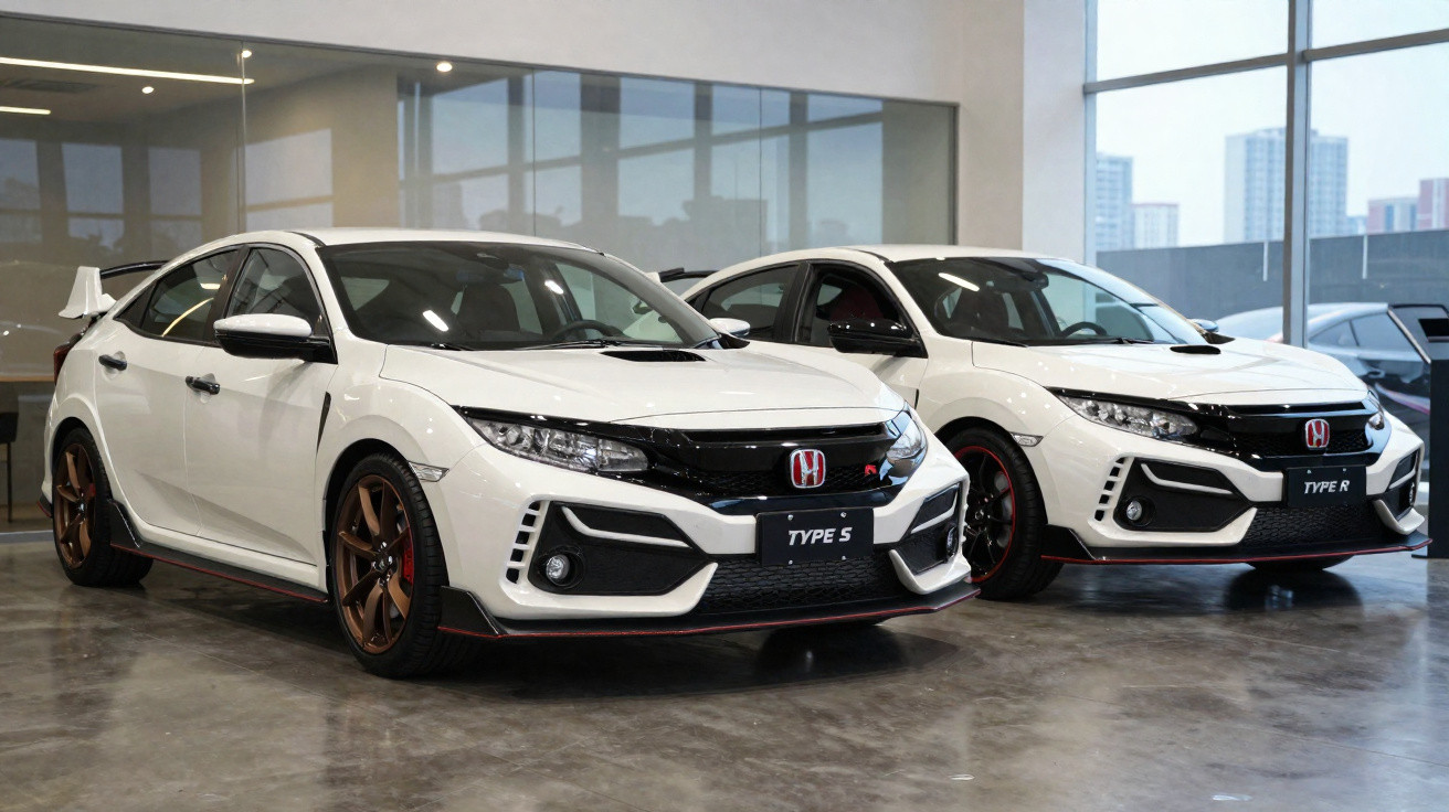 Dois carros Honda Civic Type S e Type R brancos, esportivos, estacionados em garagem moderna.