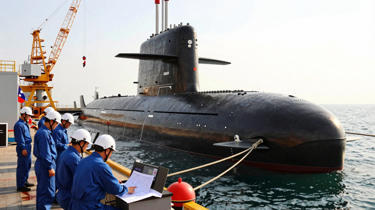Submarino militar preto ancorado em doca com tripulação uniformizada em capacetes brancos realizando inspeção.